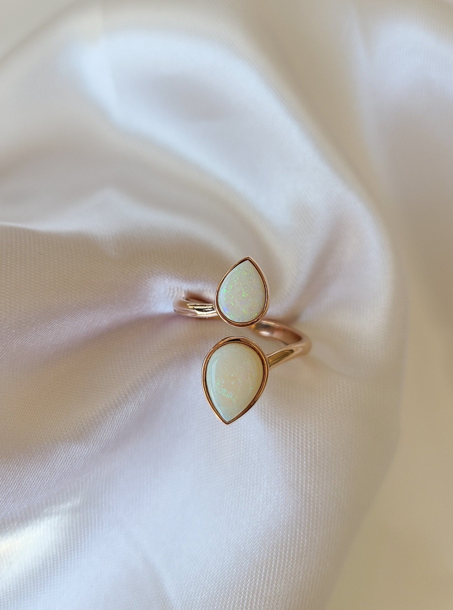 2 pear shape opal gemstone ring in 14K rose gold