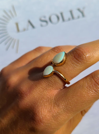 2 pear shape opal gemstone ring in 14K rose gold