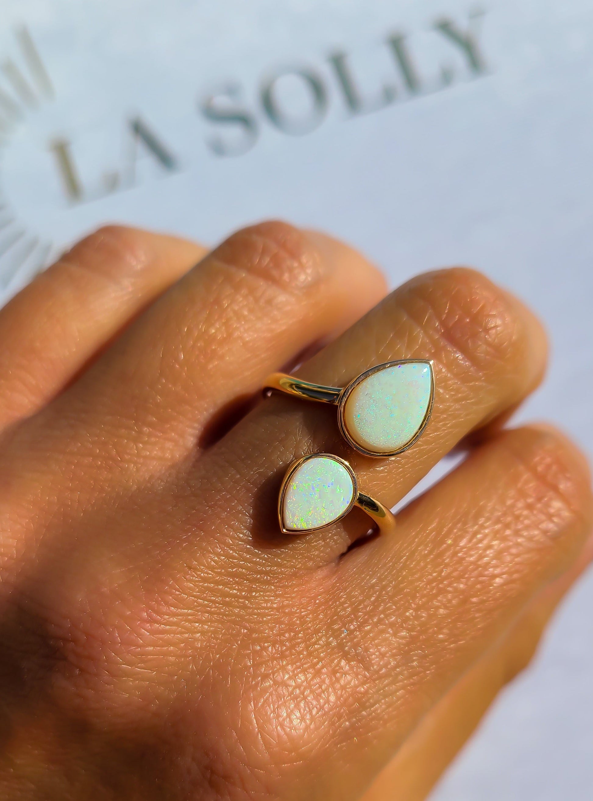 2 pear shape opal gemstone ring in 14K rose gold 