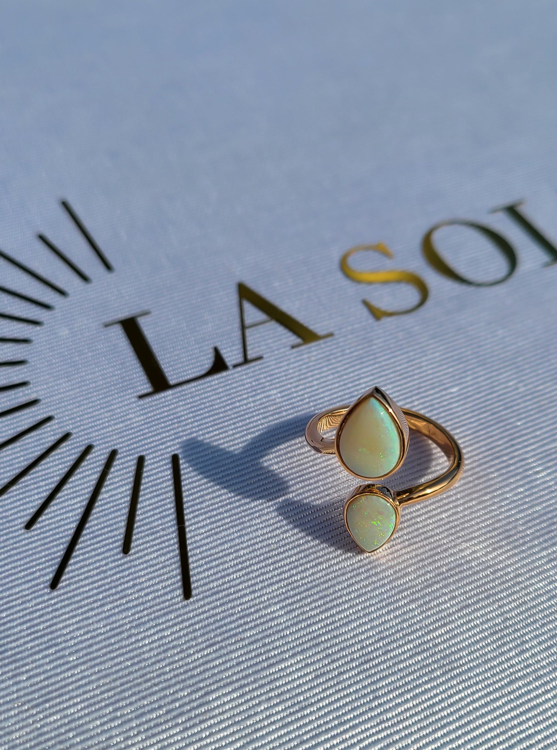 2 pear shape opal gemstone ring in 14K rose gold