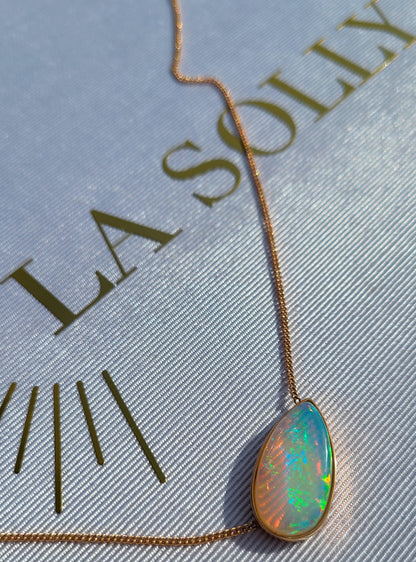 Big pear shape opal necklace in 14K rose gold