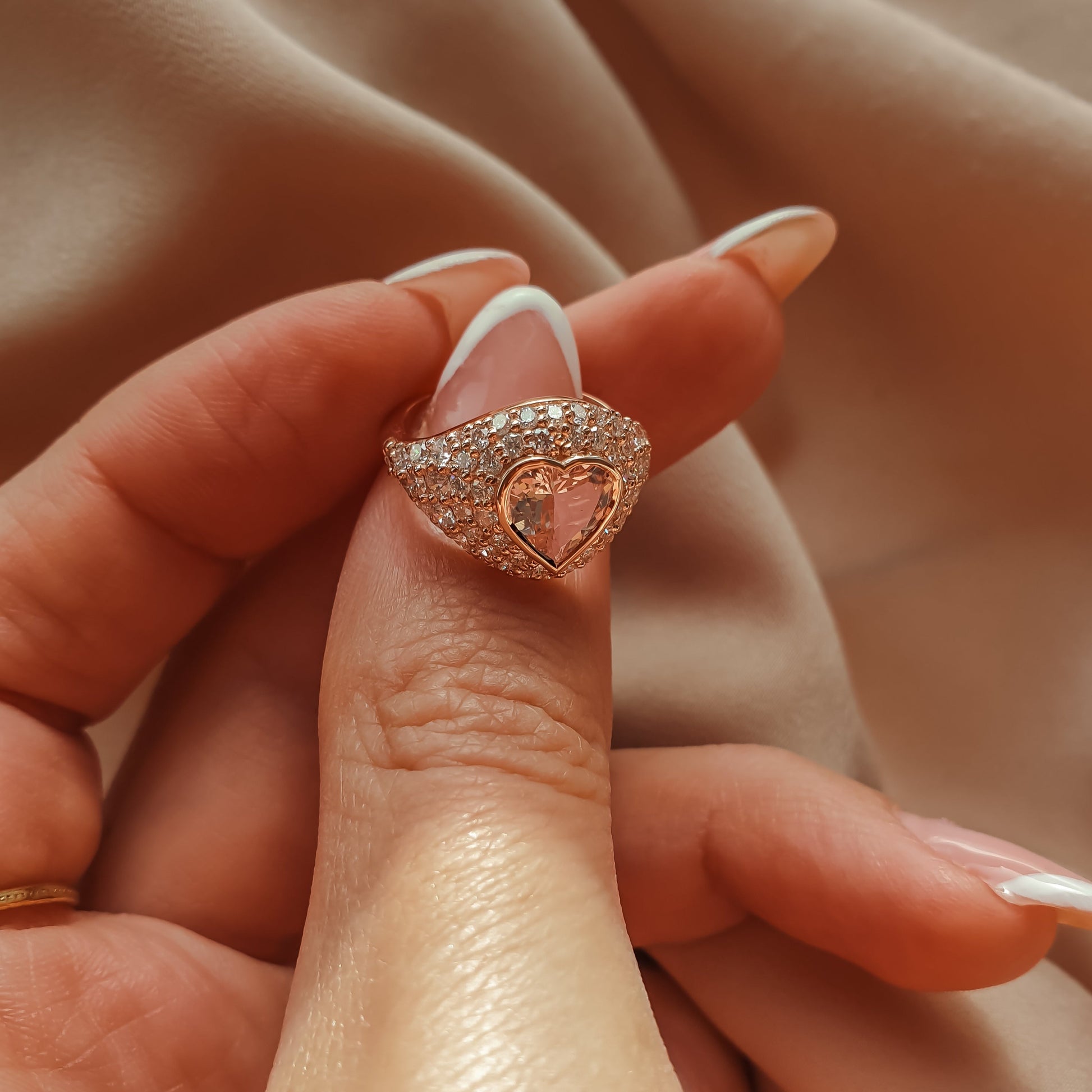 14K rose gold pinky ring with big morganite heart and natural diamonds