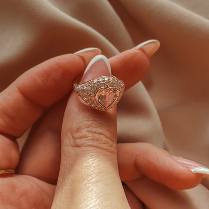 14K rose gold pinky ring with big morganite heart and natural diamonds