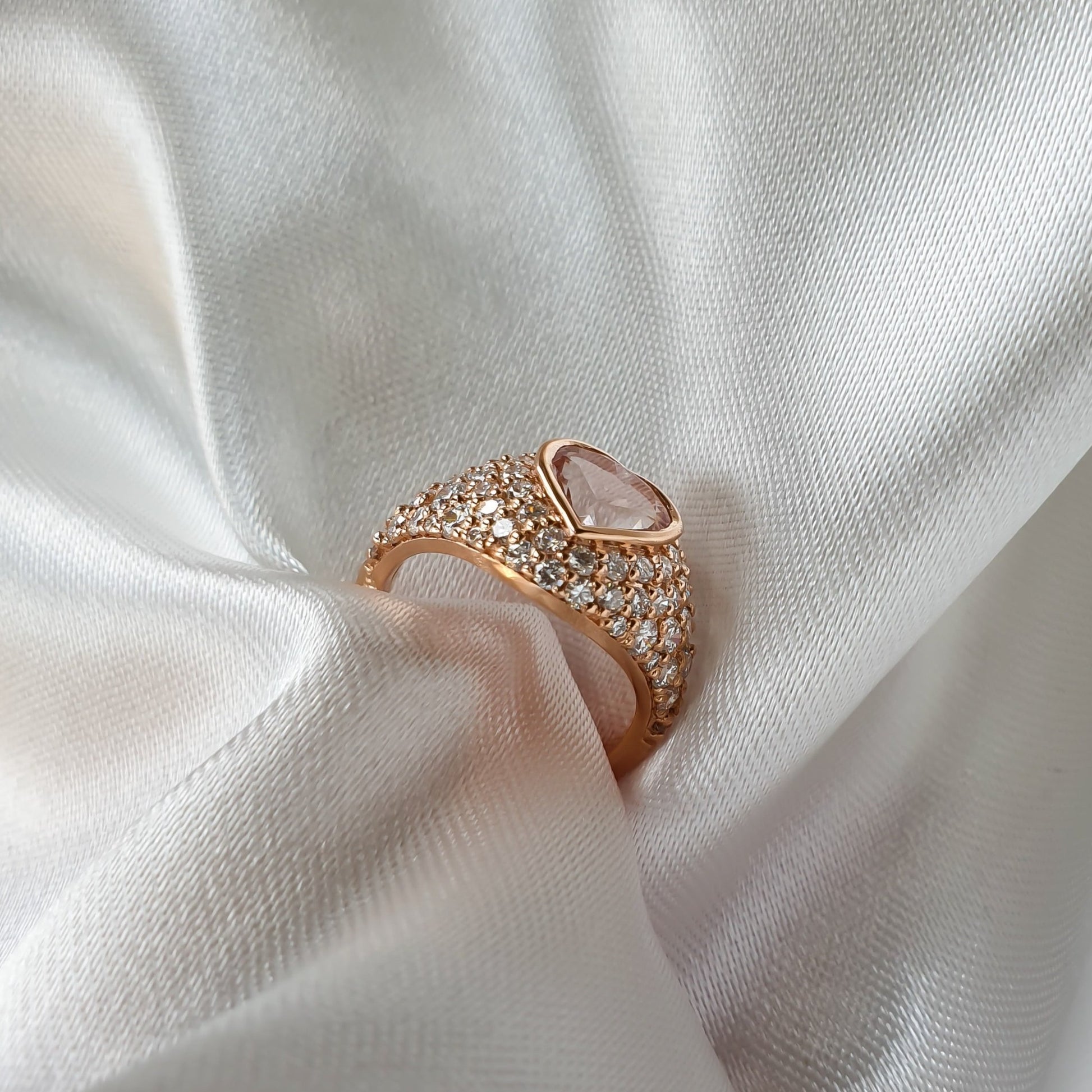 14K rose gold pinky ring with big morganite heart and natural diamonds