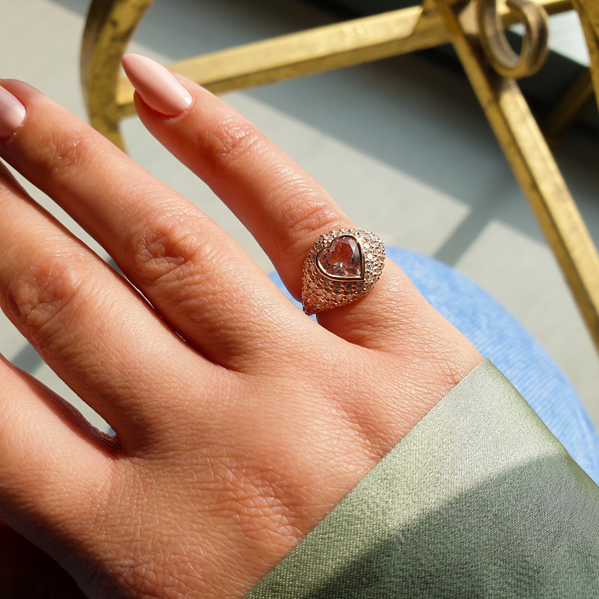 14K rose gold pinky ring with big morganite heart and natural diamonds