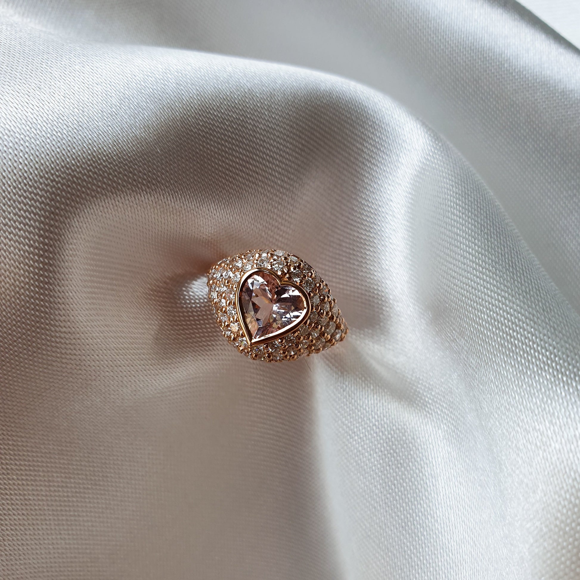 14K rose gold pinky ring with big morganite heart and natural diamonds