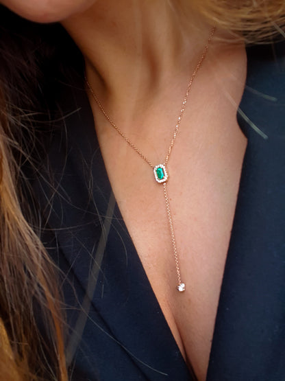 Classy Y shaped necklace in 14k gold with emerald and natural diamonds