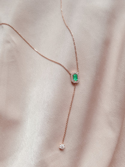 Classy Y shaped necklace in 14k gold with emerald and natural diamonds