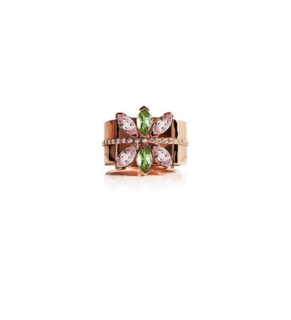 Lotus ring in 14K rose gold with natural diamonds and gemstones peridot and tourmaline marquise shape 