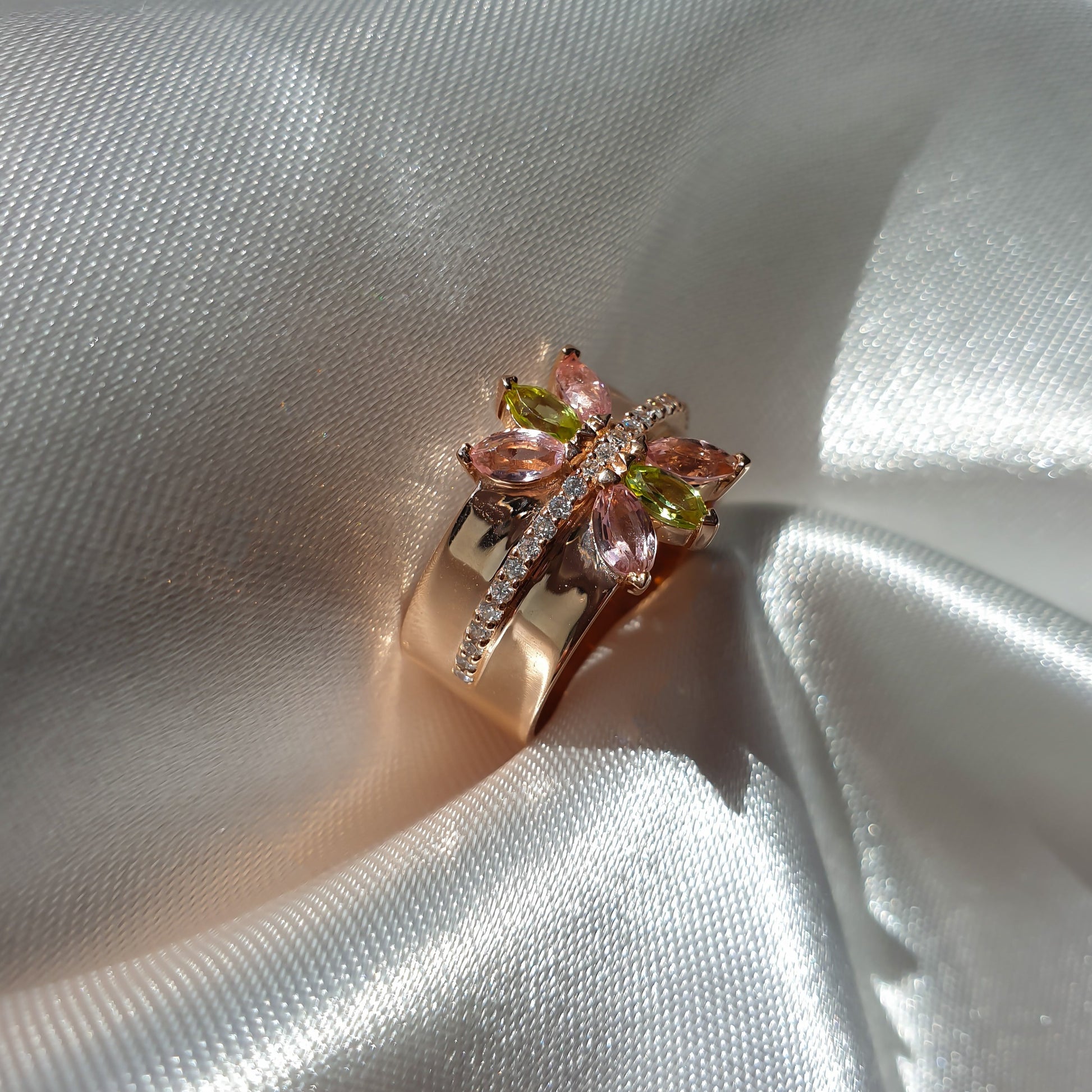 Lotus ring in 14K rose gold with natural diamonds and gemstones peridot and tourmaline marquise shape 