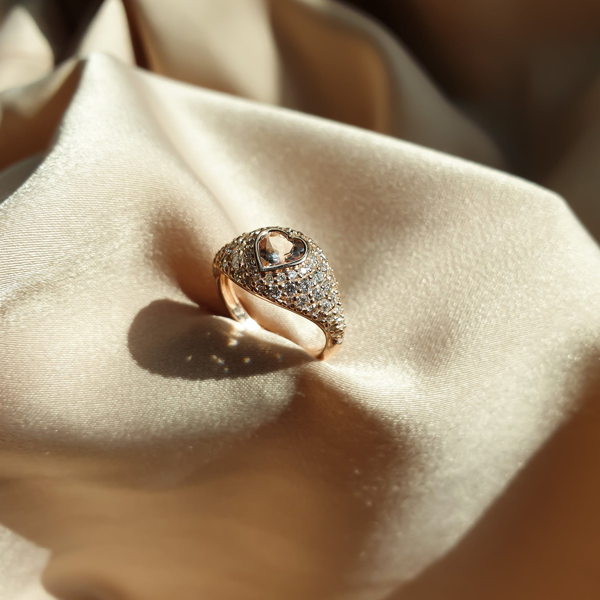 14K rose gold pinky ring with Small morganite heart and natural diamonds  