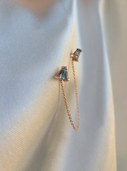 Single earring or two separate earrings with trilliant natural topaz and 14K gold chain